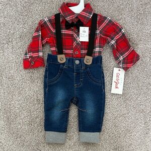 Cat & Jack Red Plaid Shirt with Denim Overalls